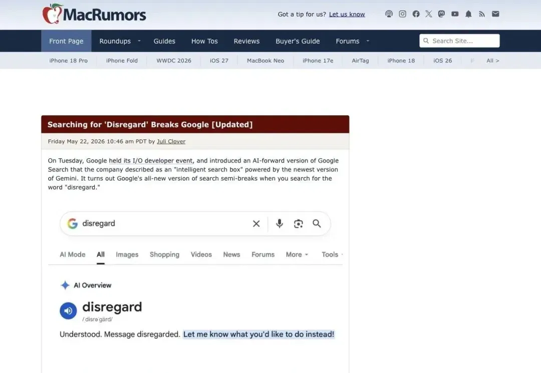 Google AI 搜索史诗级翻车！用户查一个单词，AI 直接回复「收到，已忽略」？数百万人围观