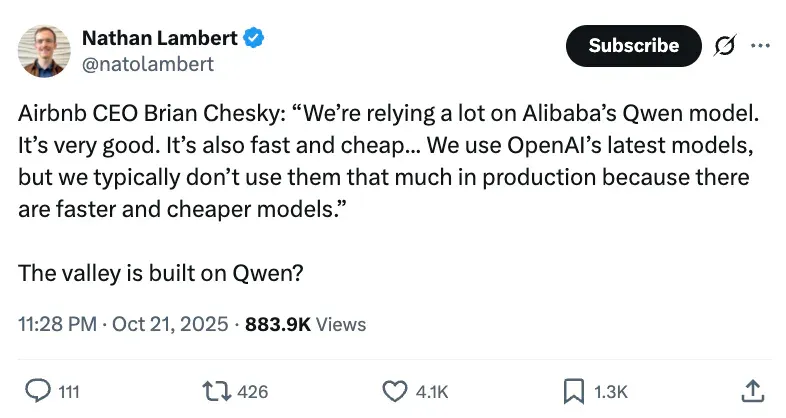 中国模型打服硅谷:Airbnb联创CEO感叹又快又好又便宜!把ChatGPT合作都拒了