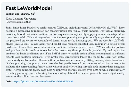 世界模型太慢？西交大提出Fast LeWorldModel：用「动作前缀并行预测」让动态估计加速4倍
