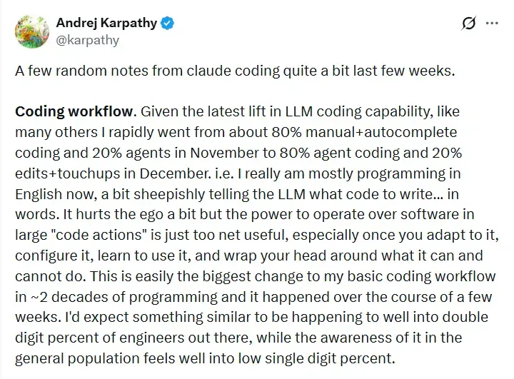 Karpathy：回不去了，被AI伤了自尊！自曝手写代码能力退化，公开与CC协作心得！马斯克：时代精神的总结！CC之父：不会出现垃圾代码末日