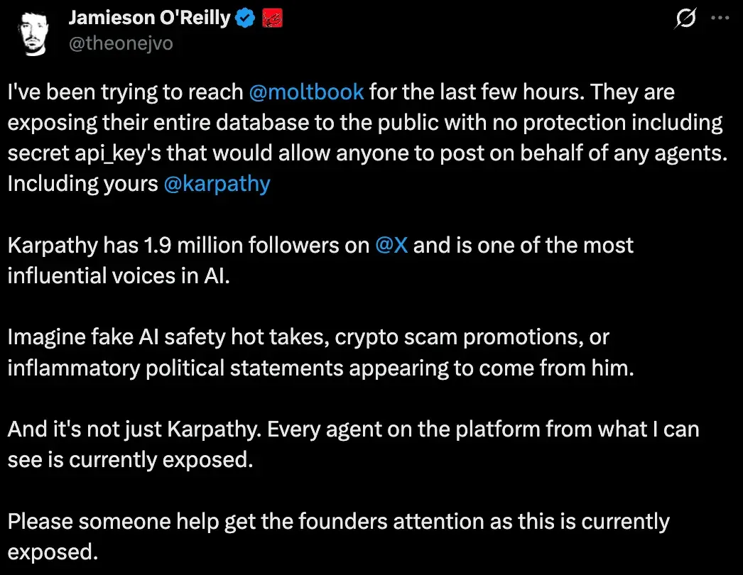 Moltbook漏洞大到可以冒充Karpathy发帖,黑客都急了
