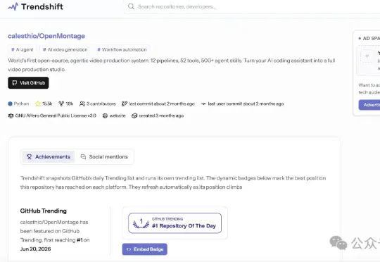 AI视频剪辑项目 OpenMontage 持续霸榜Github