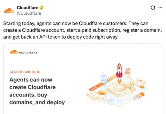 Agent 可开 Cloudflare 账户了：自主买付钱、买域名、做部署