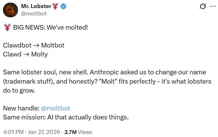 被Anthropic指控侵权，Clawdbot改名Moltbot