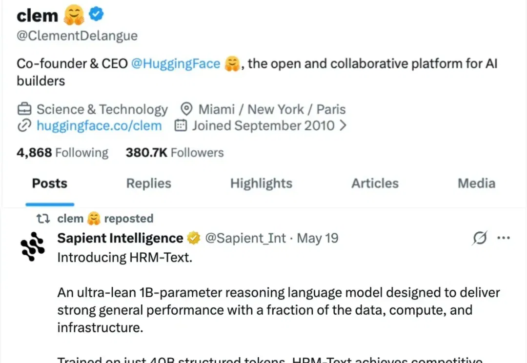 HuggingFace CEO力荐，Bengio团队也押注：这个1500美元训出的HRM模型，凭什么火了？
