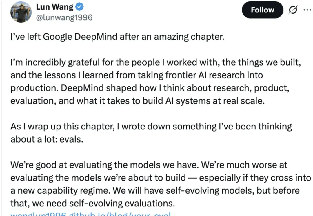 DeepMind华人研究员Lun Wang离职，「评估」成制约模型能力飞跃的瓶颈