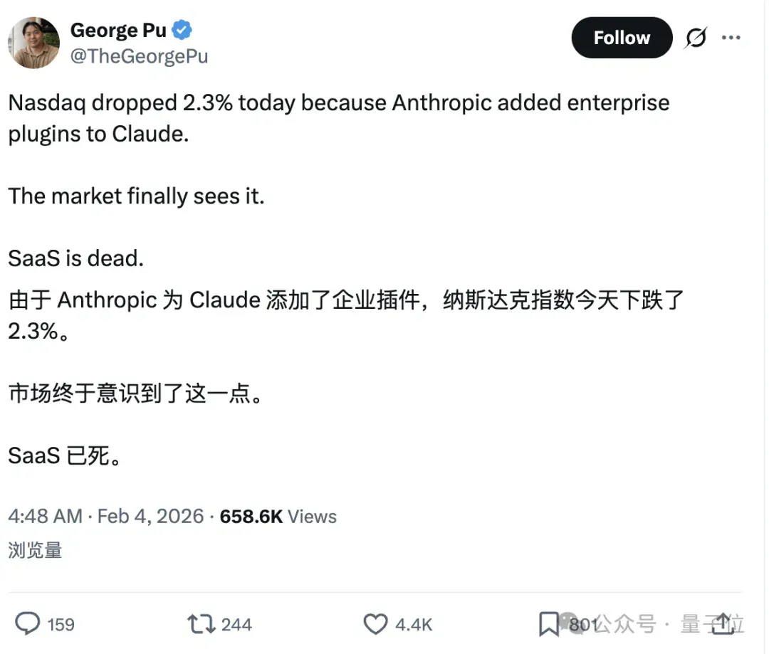 Claude一个插件吓哭华尔街，软件公司集体暴跌，2万亿元一日蒸发