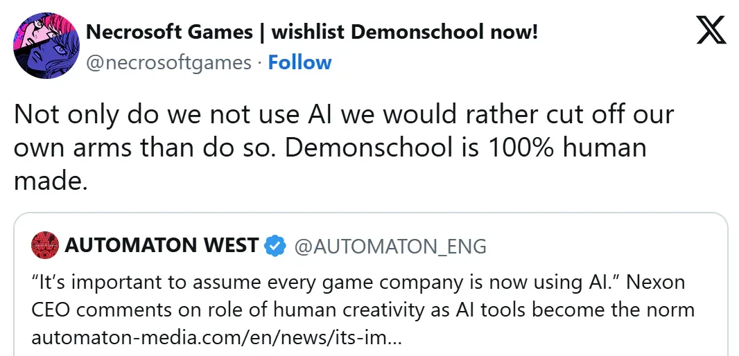 “宁可砍掉自己的手，也不用AI！”独立开发者怒怼Nexon CEO「所有公司都在用AI」言论