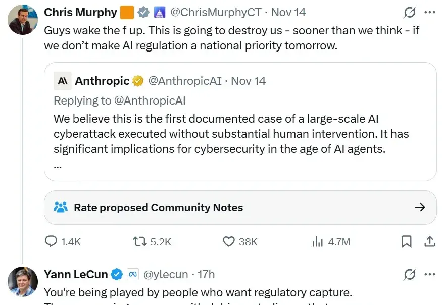 入侵30家大型机构、Claude自动完成90%？Anthropic 被质疑，Yann LeCun：他们利用可疑的研究来恐吓所有人