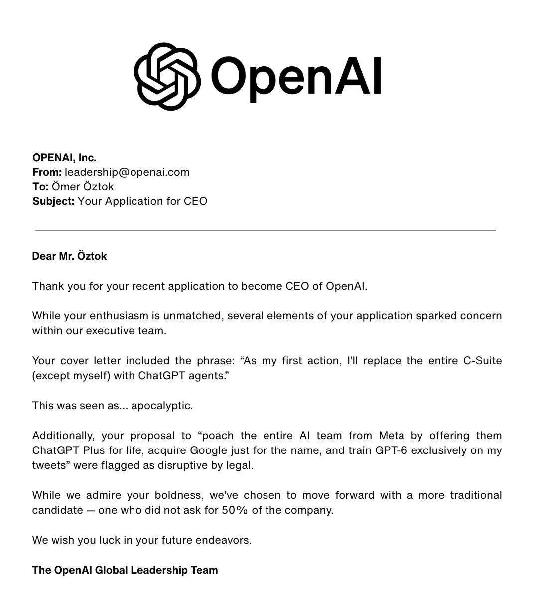 「我申请当 OpenAI CEO ，收到了一封拒绝信」